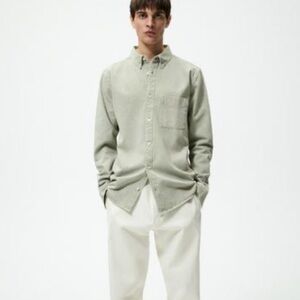 Zara men’s solid washed color denim shirt NWT sz L pastel green